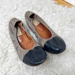 LANVIN | Ballet Flat Cap Toe Goatskin Gray Black 6.5 Scrunch Flats